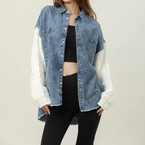 Midiross Women's Denim Jean Shacket - Vintage Fabric Oversized Button-Down Outerwear, Long-Sleeve Knit-Sleeve Fit, Casual Chic Fashionable Single-Piece Layer