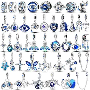 PAMELA 925 Sterling Silver Astronaut Moon Galaxy Charms Blue Zircon Evil Eyes Beads DIY For Original Pendant Bracelet Jewelry