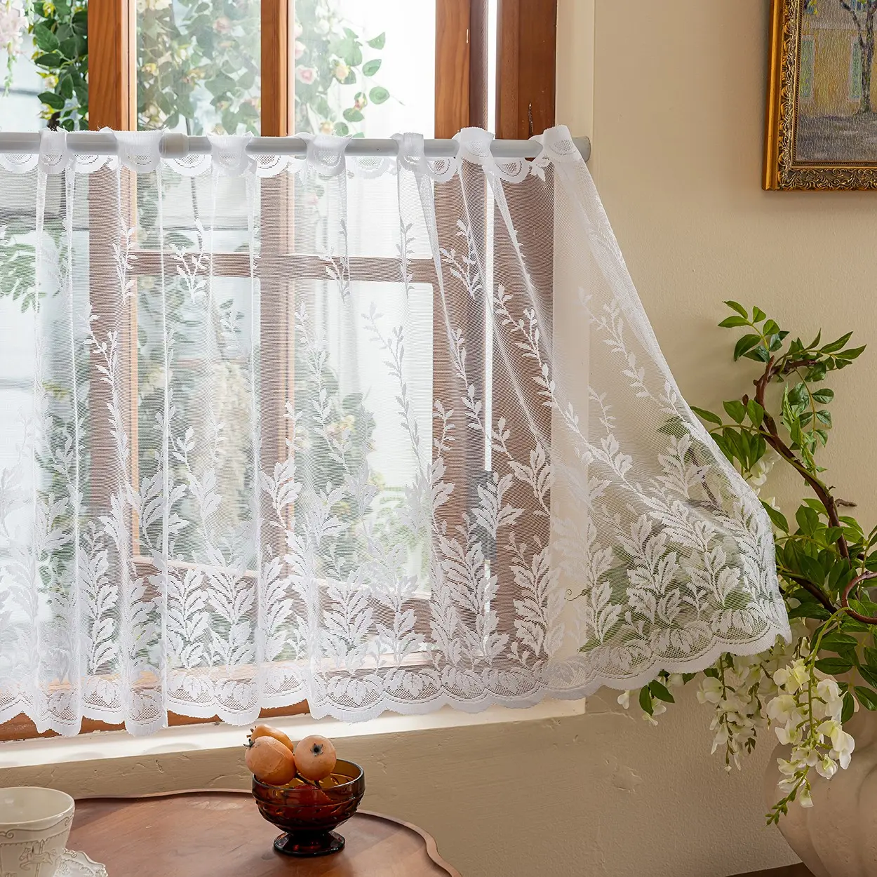 French Farmhouse Floral Jacquard Transparent Mini Curtain, Net Curtains, Top Rod Pocket Hanging, Lightweight, Ideal for Living Room, Kitchen, Balcony, Bookshelf, Cabinet, Garden, Window Decor