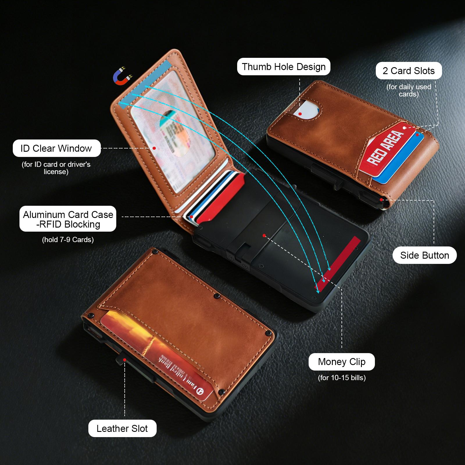 Premium Full-Grain Leather Men's Slim Wallet: 9 - 13 Cards, Money Clip, ID Window. RFID - Blocking, Aluminum Bifold Pop - Up SpringStatements