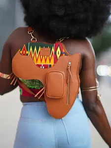 Leather Africa Map Bag: Kente Print Convertible Backpack Crossbody