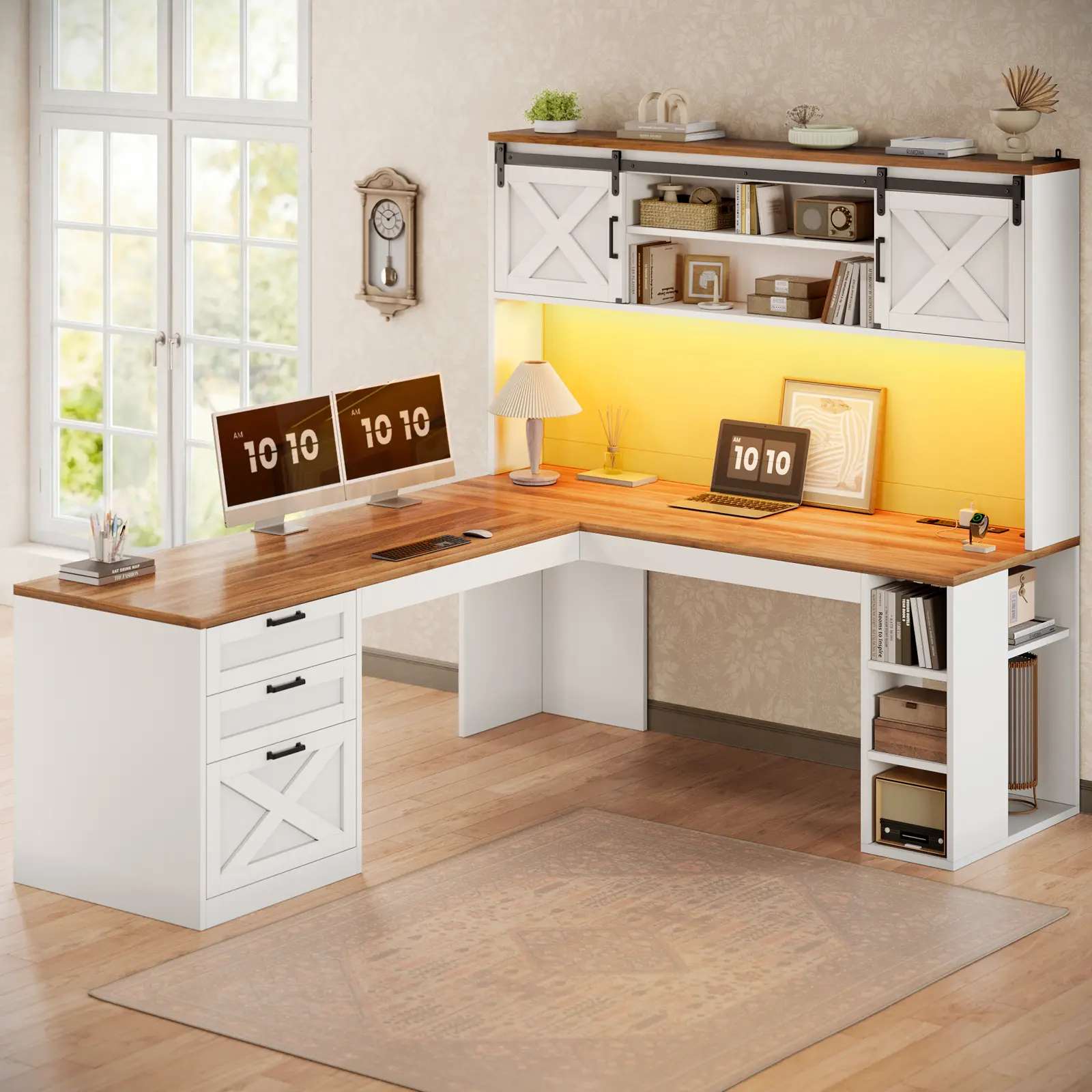 Sedeta 67-Inch Farmhouse L-Shaped Executive Computer Desk - Engineered Wood Office Furniture Workstation with Integrated Bookshelf with Drawers, Sliding Doors, Power Outlets, USB Ports, LED Lights, Easy Setup for Dual Monitor/Streamer Setups, Office Inspo Sedeta 67-Inch Farmhouse L-Shaped Executive Computer Desk - Engineered Wood Office Furniture Workstation with Integrated Bookshelf with Drawers, Sliding Doors, Power Outlets, USB Ports, LED Lights, Easy Setup for Dual Monitor/Streamer Setups, Office Inspo