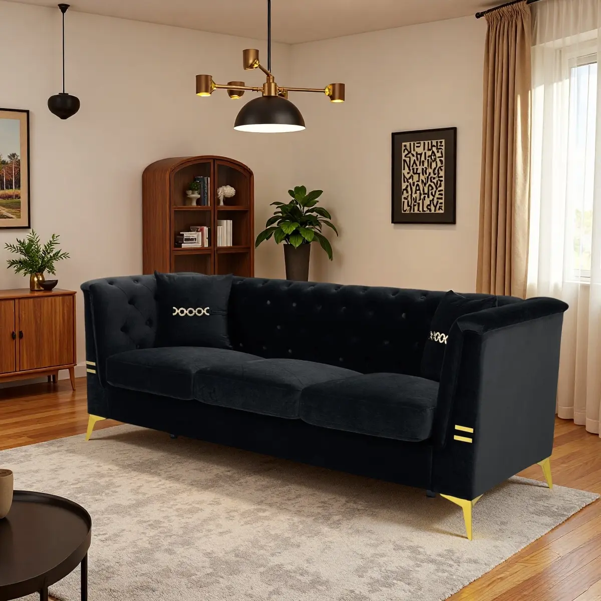 3-Seater Modern Luxury Chesterfield Velvet Office Sofa - 82.67in Wide Metal Frame, Deep Button-Tufted Backrest, Decorative Gold Armrest Plates, 2 Pillows, Removable Seats (Model FX-P83-BK4, Equivalent to W576S00217/FX-P83-BK3)