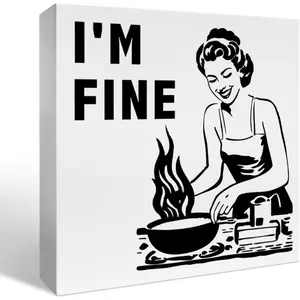 Kitchen Decor Wooden Box Sign Signage Funny Kitchen Table Restaurant Dining Room Counter Cabinets Decorations, Kitchen Gifts for Women Chef New Home House, I'm Fine 5x5Inch