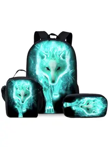 Wolf pattern printed 17-inch backpack three-piece set (single-layer backpack + shoulder strap lunch bag + single-layer pencil bag)