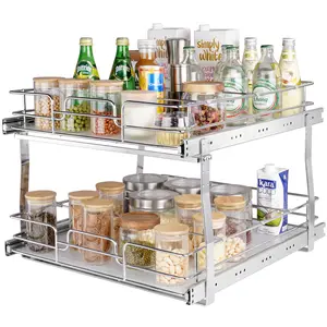 【fathersdaygift】VEVOR 2-Tier Pull Out Cabinet Organizer, 19" W x 20" D Smooth Sliding Shelf, Chrome-Plated Steel Heavy-Duty Roll Out Racks, Kitchen Organization Basket for Kitchen Cabinets, Under Sink