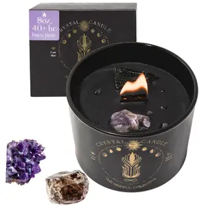 Black Crystal Candle for Women - 8oz Wood Wick Candle that Crackles with Natural Soy Wax. Luxurious Slow Burn, for Meditation. Includes Amethyst & Smokey Quartz Crystals