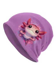 BIIHUDU Men'S Axolotl Beanie Hat - Purple Salamander with Pink Floral Design, Soft Stretchy Knit Bonnet for Casual & Themed E