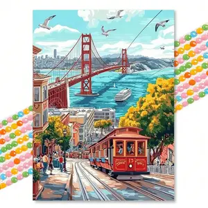 Cityscape Diamond Painted Artwork, Bright Illustrative Style Round Drill 30x40 Cm Stress Relief Handmade Decor, Unique Entryway Tabletop Decoration