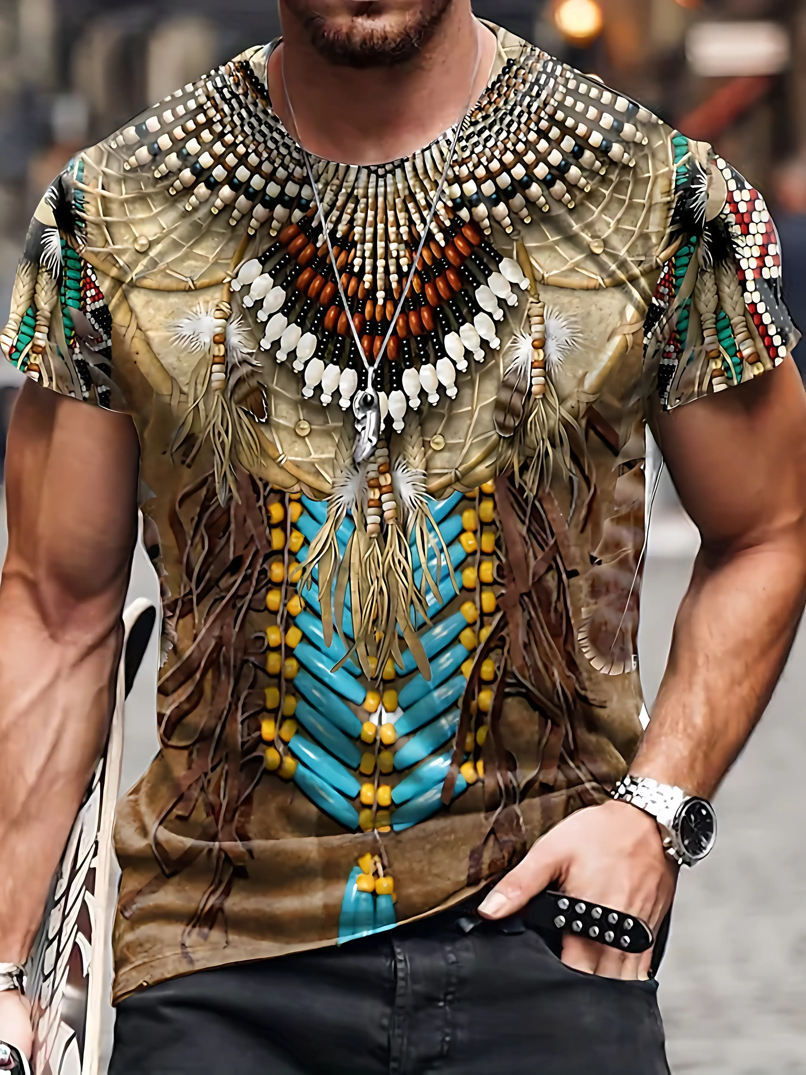 Menswear Short Sleeve Crew Neck (Round Neck) Graphic T-Shirt for Men, Vintage Tribal 3D Dreamcatcher & Bead Print, Soft Stretchy Polyester Mix, Western Streetwear, Native American Cartoon Design, Regular Fit, Casual Basic Look, Cold Wash