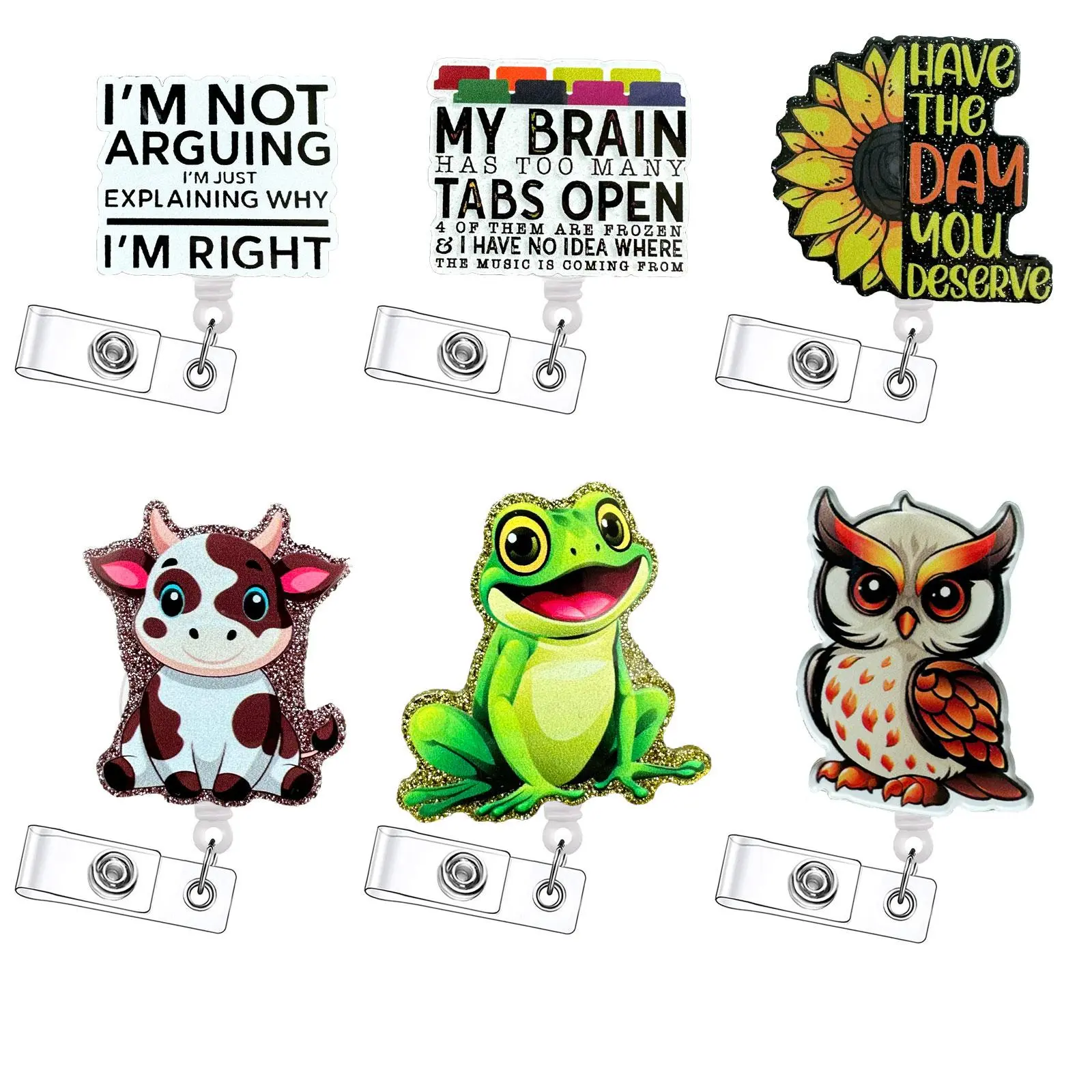 Retractable Badge Reel Set, 6 Counts/set Cute Cartoon Pattern ID Holder with Clip, Durable and Lightweight Design Badge Holder for Nurses, Doctors, Students and Office Staff, Animal Shaped Badges, Funny Badge Reel