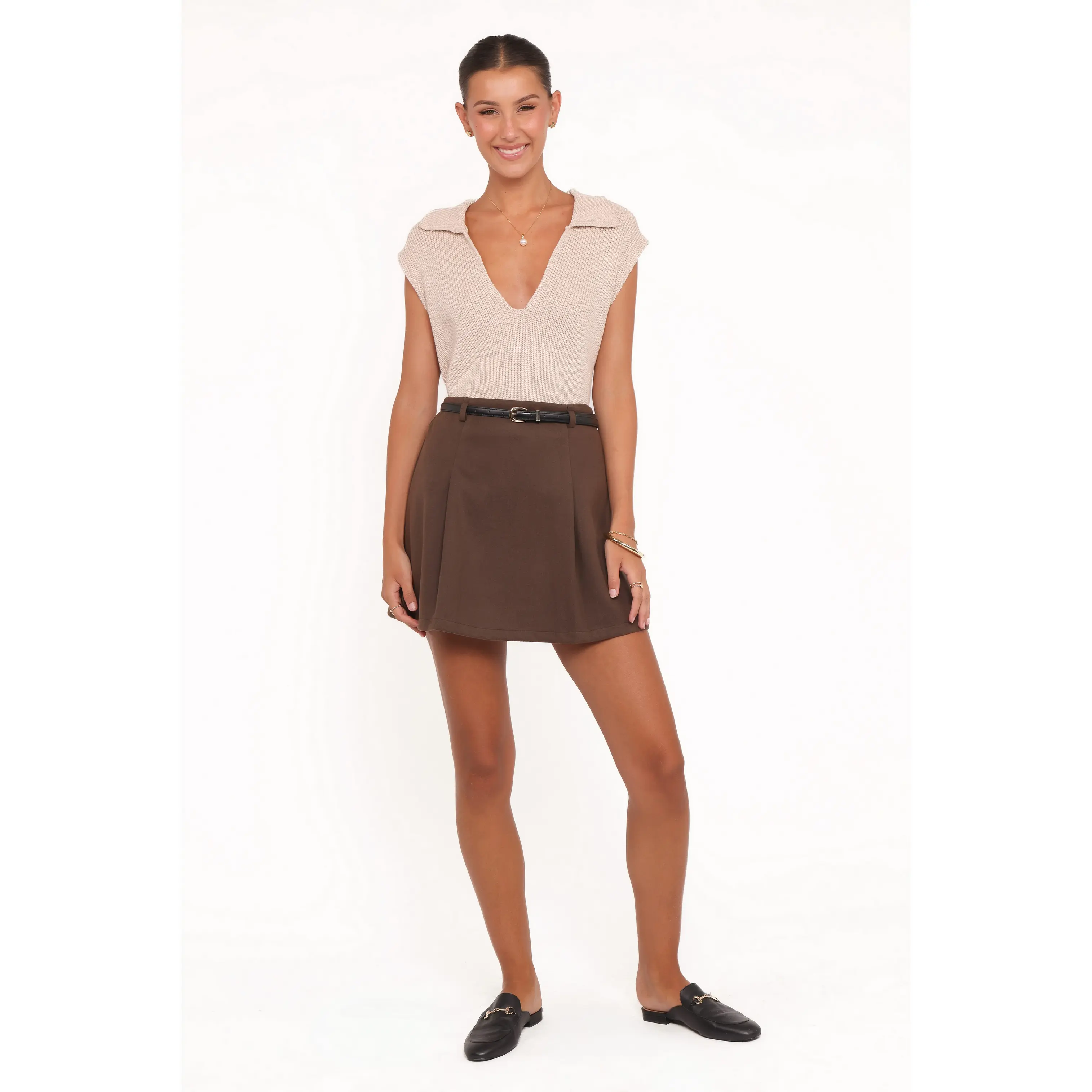 Cassia Belted Aline Skirt - Chocolate Brown