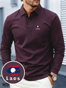 Men's Laos Print Long-Sleeve Polo Shirt, Soft & Breathable Fabric, Comfortable for All Seasons, Fashionable & Versatile, Suitable for Business Gatherings, Outdoor Sports & Daily Wear, Men's Casual & Business Collared Shirt