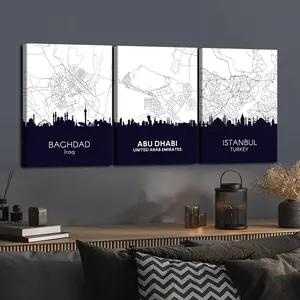 3 Counts Wooden Framed Canvas, City Skyline and Map Posters, Exquisite Poster, Perfect Living Room Decoration, Modern Art, Fashion Family Poster, Wall Art Decoration, Waterproof, Artwork