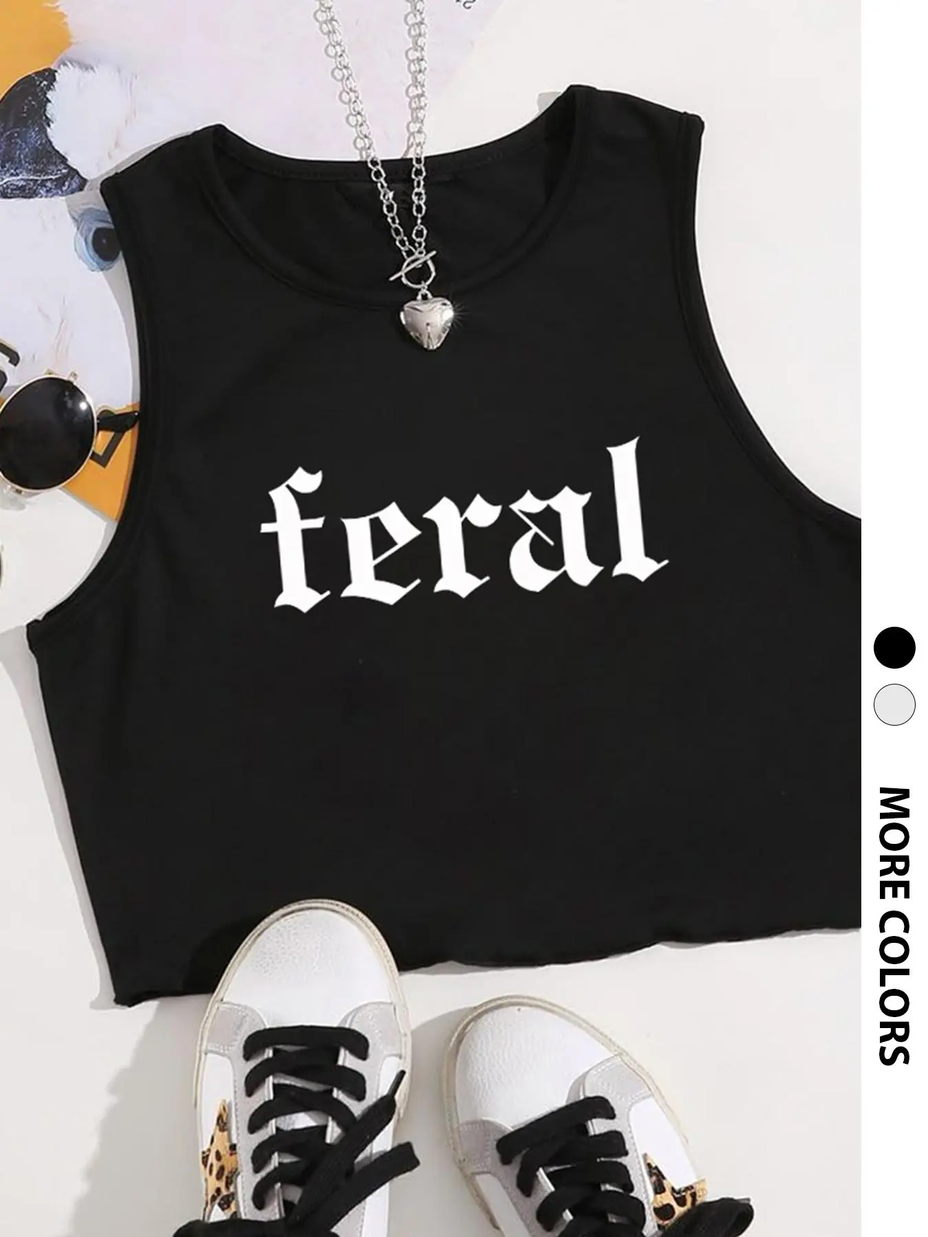 Women's Letter Print Round Neck Tank Top, Casual Sleeveless Crop Top for Summer, Ladies Clothes for Daily Wear