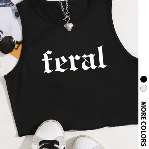 Women's Letter Print Round Neck Tank Top, Casual Sleeveless Crop Top for Summer, Ladies Clothes for Daily Wear