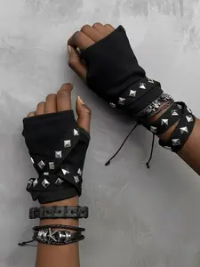 5pcs/set Punk Style PU Leather Half-Finger Gloves, Dance Performance Accessories, Unique Design Hand Bracelet Set, Punk Aesthetic, Complete Set