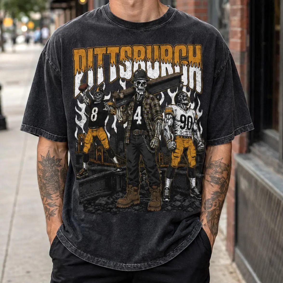 Pittsburgh Skull Washed Shirt, Vintage T.J. Watt Fan Tee, Game Day Gift For Football Fans, Aaron Rodgers Football Hoodie