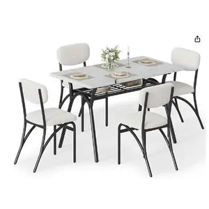 Dining Table Set for 4, Kitchen Table with Boucle Chairs for 4, Modern Rectangular Dining Table with Storage Rack for Small Space, Beige & Marble Table