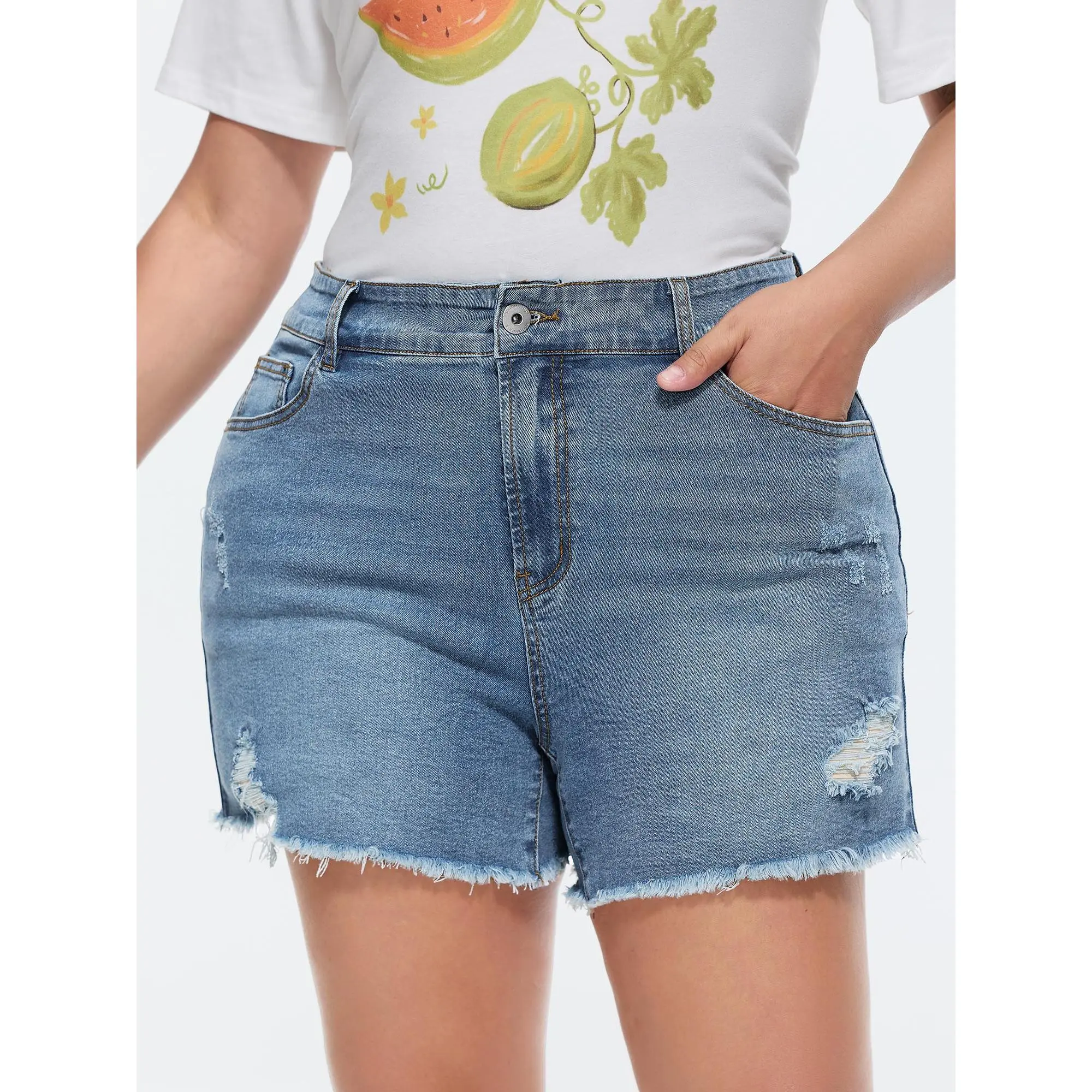 BloomChic Women's Plus Size Curvy Denim Shorts - Spandex-Elastane Fabric Curvy Clothing Garment, Casual Mid-Rise Stretchy Jorts with Fitted Cut, Raw Hem, Summer Women's Bottoms, Cotton Blend, Above Knee, Shorts For Women