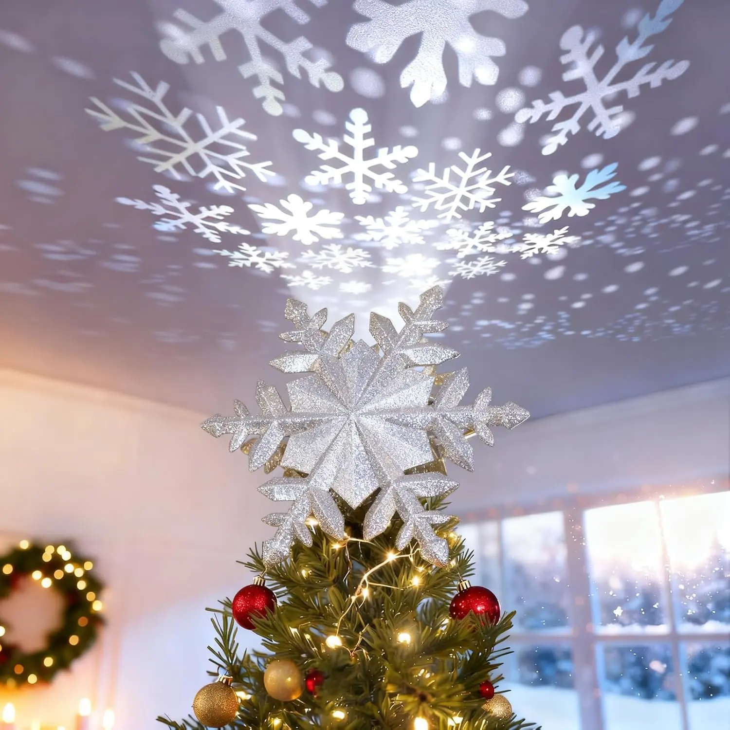 Christmas Tree Topper with Rotating Snowflake Projector, Silver | Rotating Snowflake Projection, Warm LED Light, 3D Hollow Design, Easy Tree Installation
