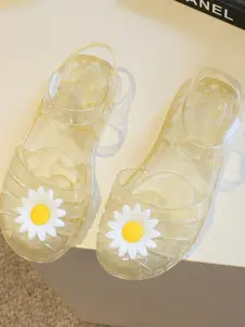 Girls' Transparent PVC Daisy Decor Sandals, Casual Rainbow Bow Flat Shoes, Spring Summer Beach Princess Shoes, School Fashion