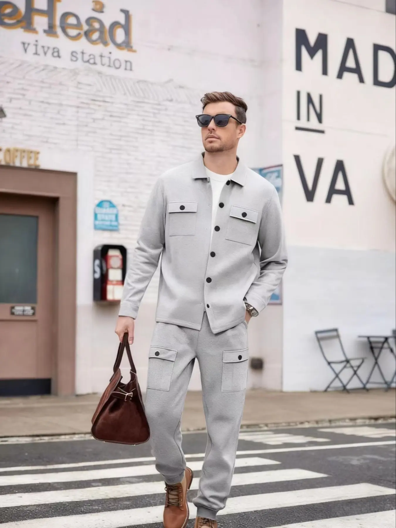 Men's Autumn Winter 2-Piece Cargo Tracksuit - Button-Front Shirt Jacket with Flap Pockets & Drawstring Cargo Joggers, Casual Business Urban Streetwear Outfit for Daily Life, Travel, and Outdoor Activities, Multiple Colors Available