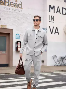 Men's Autumn Winter 2-Piece Cargo Tracksuit - Button-Front Shirt Jacket with Flap Pockets & Drawstring Cargo Joggers, Casual Business Urban Streetwear Outfit for Daily Life, Travel, and Outdoor Activities, Multiple Colors Available