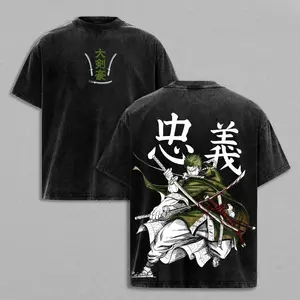 Roronoa Zoro Washed Tee Hoodies One Piece Anime Pirate Hunter Santoryu Three Sword Style Manga Graphic Double Printed T Shirt Heavy Cotton Unisex Oversize Vintage Streetwear
