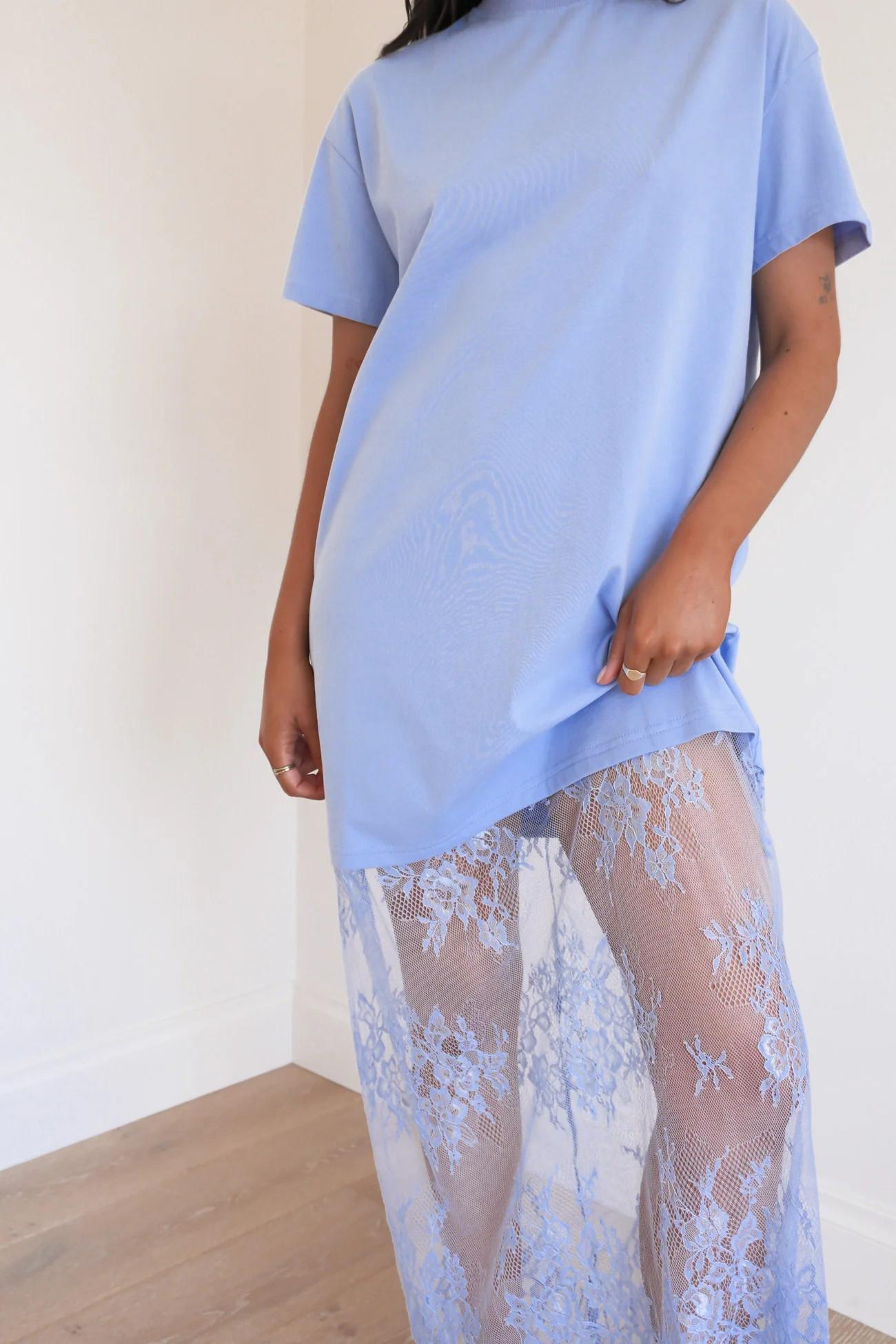 Mntaor Women's Oversized T-Shirt Maxi Dress with Sheer Lace Hem Drop Shoulder Short Sleeve Perfect for Street Style