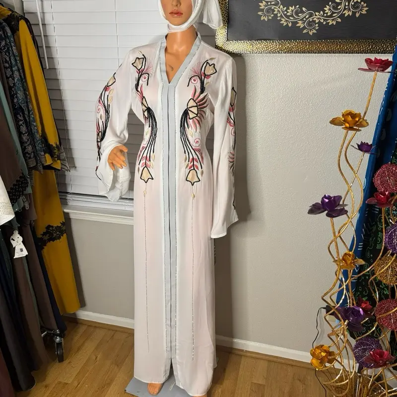 White Luxury Abaya with Floral Embroidery and Long Sleeves for Women