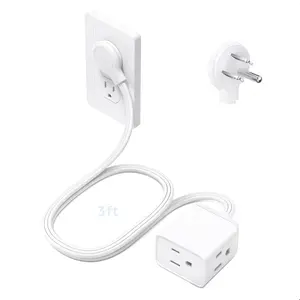 Short Flat Extension Cord 3ft - Right Angled Flat Plug Power Strip, 3 Grounded Plug Extension Outlets, Three Prong, 16 Gauge Wire, 13A, Small for Indoor  Office Cruise Ship Travel, White