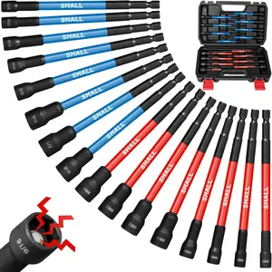 SHALL 16PCS Magnetic Nut Driver Set - 6" Long Nut Driver Set for Impact Drill - SAE and Metric Nut Driver Bit Holder with 1/4"Hex Shank - Magnet Socket Set with Sturdy Tool Box