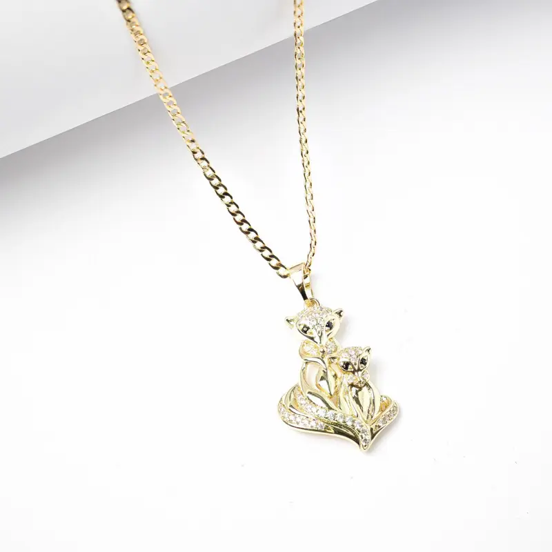 14 Karat Gold Plated 2 Foxes Pendant Necklace with 2mm Multi-Size Chain (16in, 18in, 22in), Elegant Sparkles-Enhancing Stones Design, Ideal Gift for Her, Two Foxes