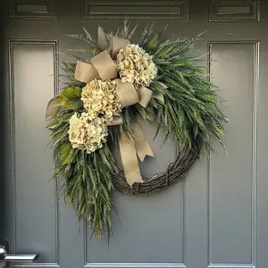Year-Round Farmhouse Wreath with Artificial Hydrangeas & Eucalyptus - Rustic Front Door Decor, Durable Plastic Wreath for Home, No Maintenance Elegant Floral Arrangement, Perfect Housewarming Gift, Wreaths for Front Door, Elegant Bow Detail
