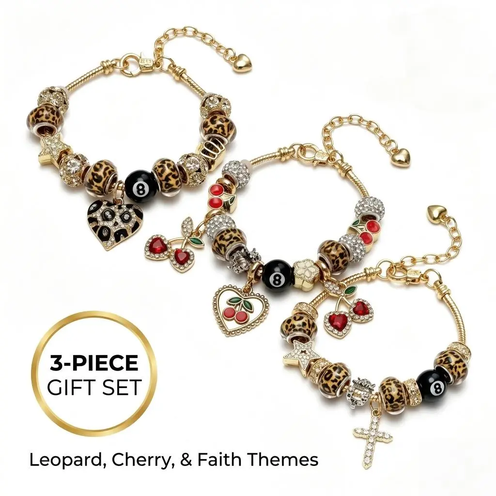 Vintage Charm Bracelet for Women – Gold Adjustable Snake Chain with Removable DIY Charms, Leopard Cherry Heart Beaded Bracelet Gift