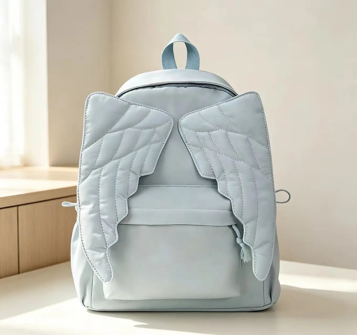 Women's 3D Angel Wings Quilted Nylon Backpack - Lightweight Kawaii Aesthetic, Balletcore Ruffle Design, Daily Use School Laptop Book Bag for Students