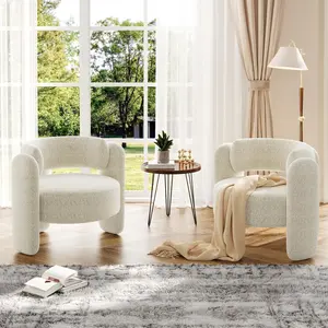 GAOMON Modern Chenille Accent Chair Set of 2 Mid-Century Upholstered Living Room Chair Cozy Round Armrest Chair With Open Back Round Corner Side Sitting Lounge Armchair for Bedroom/Office/Cafe, White