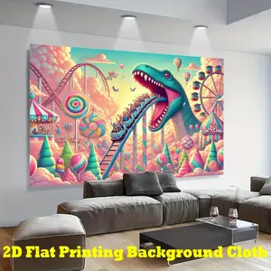 2D Flat, Dinosaurland Adventure Backdrop Banner - Vibrant Polyester Photography Background with Roller Coaster, Ferris Wheel & Colorful Planets for Indoor/Outdoor Party Decorations, Birthdays, Graduations & Live Streaming, Dinosaur Party Decorations,