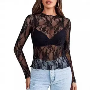 Y2K Lace Blouse - Long Sleeve See-Through Shirt with Floral Lace & Mandarin Collar |     TikTok Viral Cottagecore Top