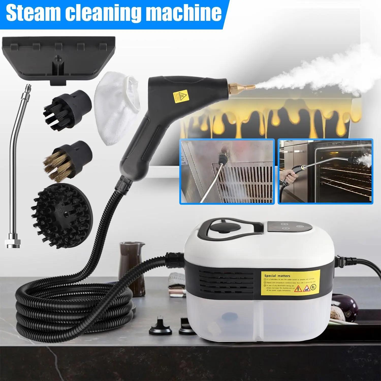 1500W Corded Compact Pressure Washer Handheld Home Cleaning Machine - 3.5Bar 100℃ Heavy-Duty Floor Steamer with 6-Level Adjustment, 3 Brush Heads, Trigger Control, Chemical-Free Deep Cleaning for Bathrooms, Windows, Toys, Furniture