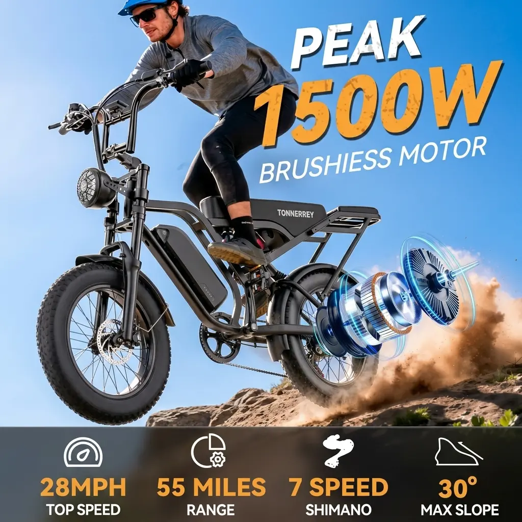 1500W Peak Ebike for Adults | 28MPH Speed, 20" Fat Tire | 60V 15Ah Powerful Battery (50-80 Miles) 1500W Peak Ebike for Adults | 28MPH Speed, 20" Fat Tire | 60V 15Ah Powerful Battery (50-80 Miles)
