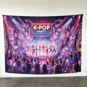 2D K-Pop Party Backdrop, Neon Stage Design, Dance Silhouettes, Sound System & Balloons, Durable Polyester, Party Decorations Banners, Indoor Outdoor Decor