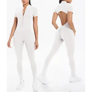 Women's Short Sleeve Tight-Fit Zipper Backless Sports Bodysuit - Jumpsuits for Women for Gym Training, Yoga & Pilates