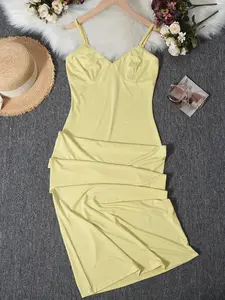 Viral Satin Lace Trim Maxi Slip Dress, Buttery Soft Yellow Bodycon Gown for Vacation Date Night & Summer Evening Outfits, Slim-Fit Backless Long Dress with Flowy, Drape Hem, Perfect for Amalfi Coast Inspired Photoshoots & Luxury Resort Wear, Elegance, Mus