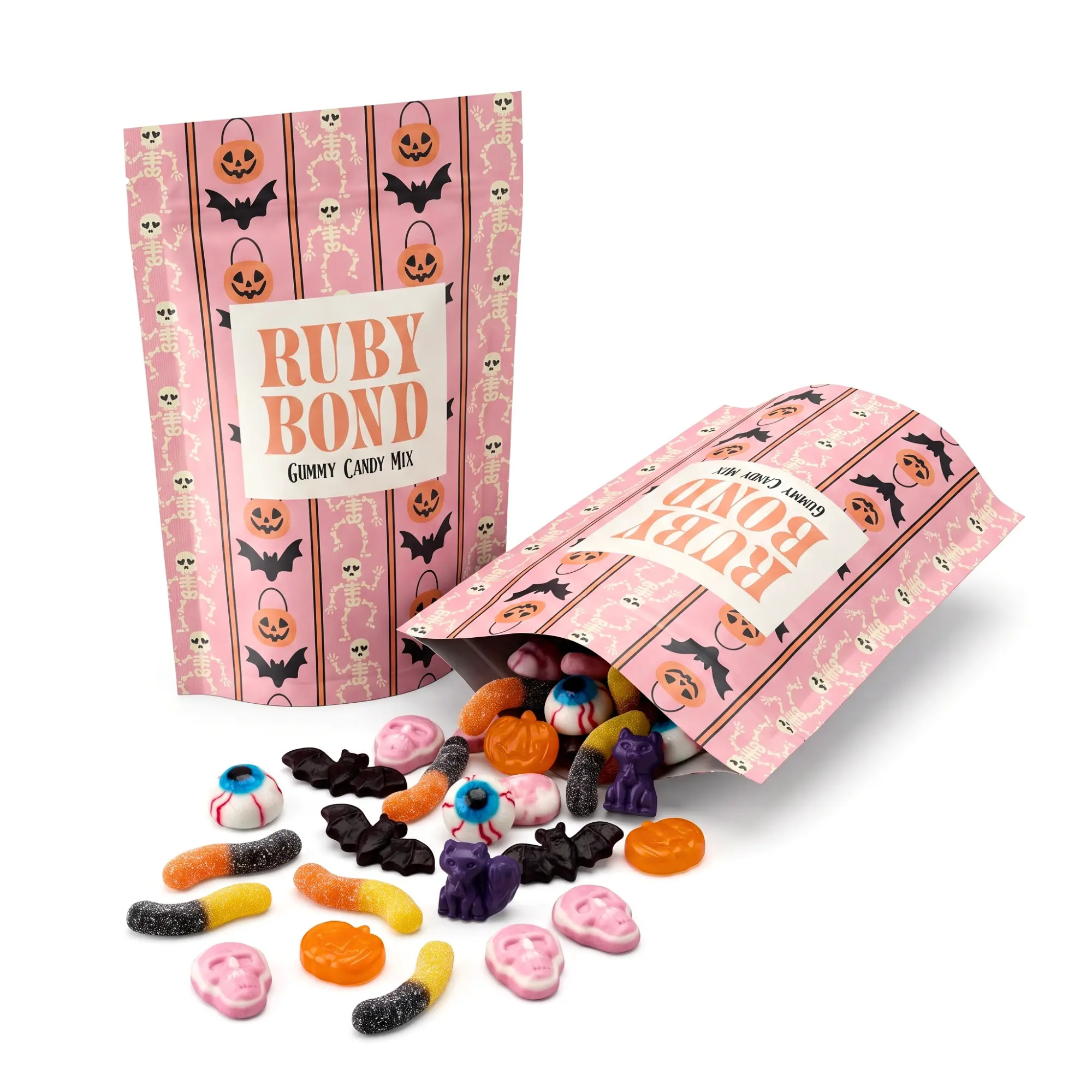 Ruby Bond Spooky Sweetheart Candy Mix Bag - Pink Halloween Design with Sour Worms, Grape Cats, & Black Cherry Bats - 8 oz Gummy Treats