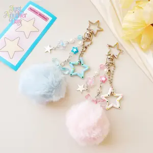 Cute High-Value Fluffy Pom Pom Keychain, Silver Chain Star & Bow Backpack Charm, Delicate Phone Strap & Bag Accessory