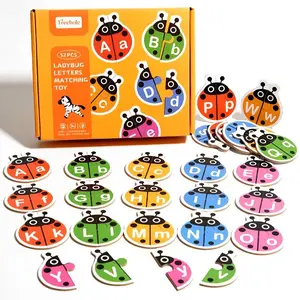 Wooden Ladybug Alphabet & Word-Matching Puzzle - Double-Sided Educational Learning Cards, Interactive Tabletop Game Suitable for Kids, Wood Material with Ladybug-Themed Letters for Spelling Practice & Vocabulary Builder