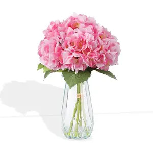 5-Piece Artificial Hydrangea Arrangement in Glass Vase - Fade-Resistant Silk Flowers with Faux Water for Table Centerpieces-Pink