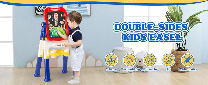 【Kids Gifts】Art Easel for Kids,Adjustable Wooden Kids Art Easel with Paper Roll,Double-Sided Magnetic Toddler Easels,Dry Erase Whiteboard and Chalk Board,Toys for 3 4 5 6 7 8 9 10 Year Old Girl Boy Gift